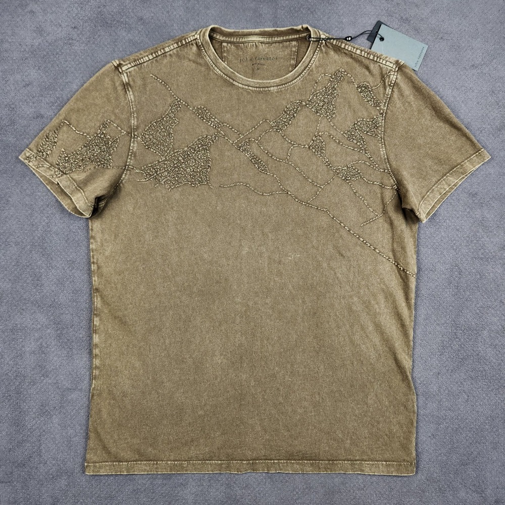 John Varvatos Shirt Mens Medium Brown Desert Mountain Embroidery Tee NEW